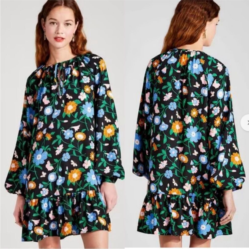 NWT Kate Spade Garden Floral Tie Neck Shift Mini Dress Black Multicolor S $298